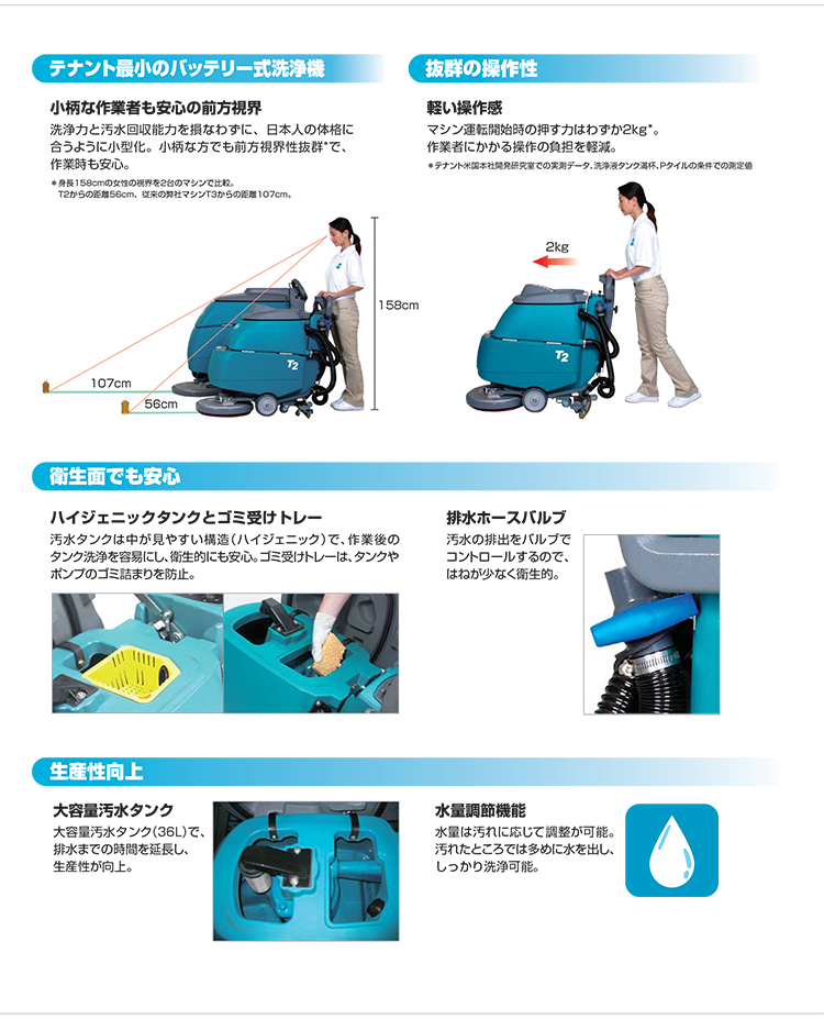 自動床洗浄機　バッテリー式歩行型スクラバーT2(密閉式バッテリータイプ)