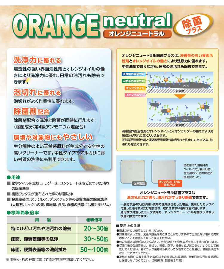 洗剤 オレンジニュートラル 除菌プラス　18L