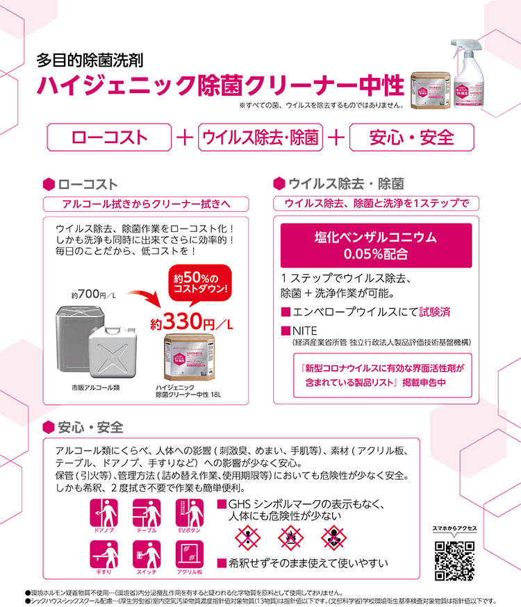 除菌ができる多目的洗剤　ハイジェニック除菌クリーナー中性 18LRECOBO