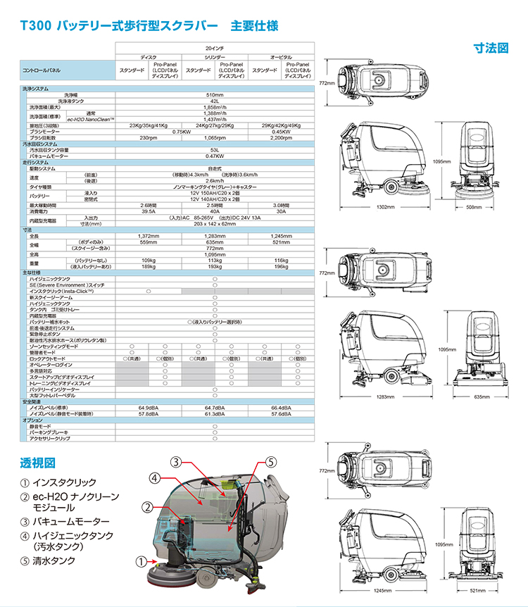 自動床洗浄機　T300ディスクヘッドec-H2O仕様(密閉式バッテリータイプ)
