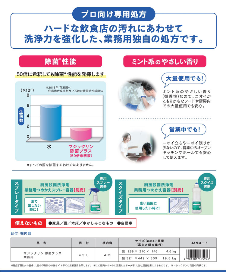 マジックリン　除菌プラス　厨房油汚れ用洗剤 　4.5L